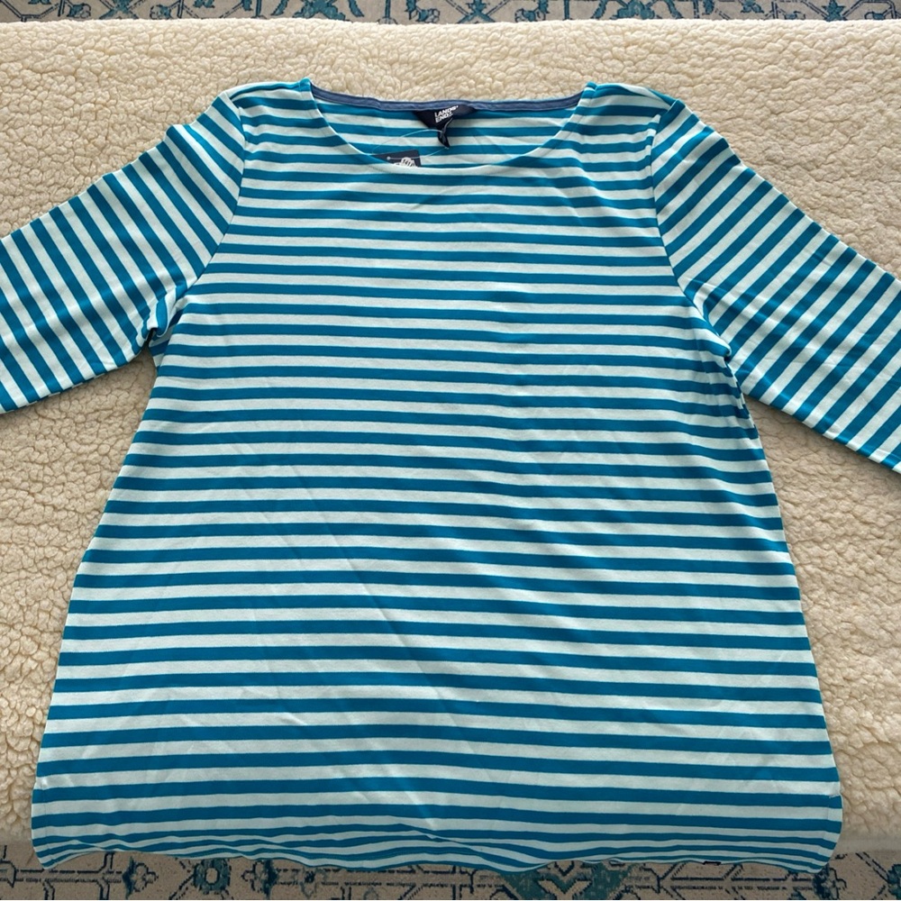 Lands' End Blue and White stripe 3/4 Sleeve Pima Cotton Tee Size XXL